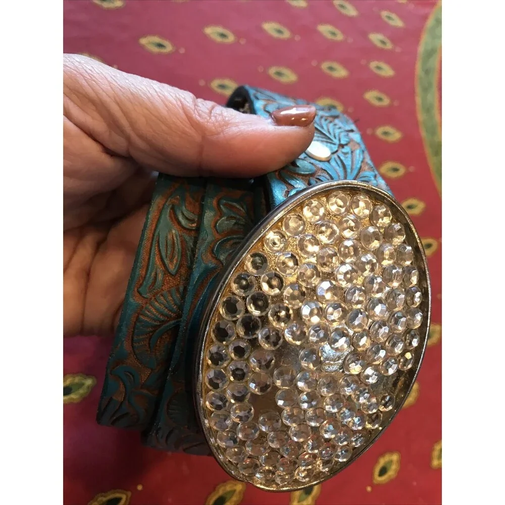 Women Western Turquoise Belt Silver Metal Round Rhinestone Bling Buckle 31-35”